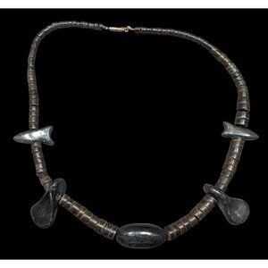 Vintage Ethnic Carved Brown And Black Wood Beaded Necklace